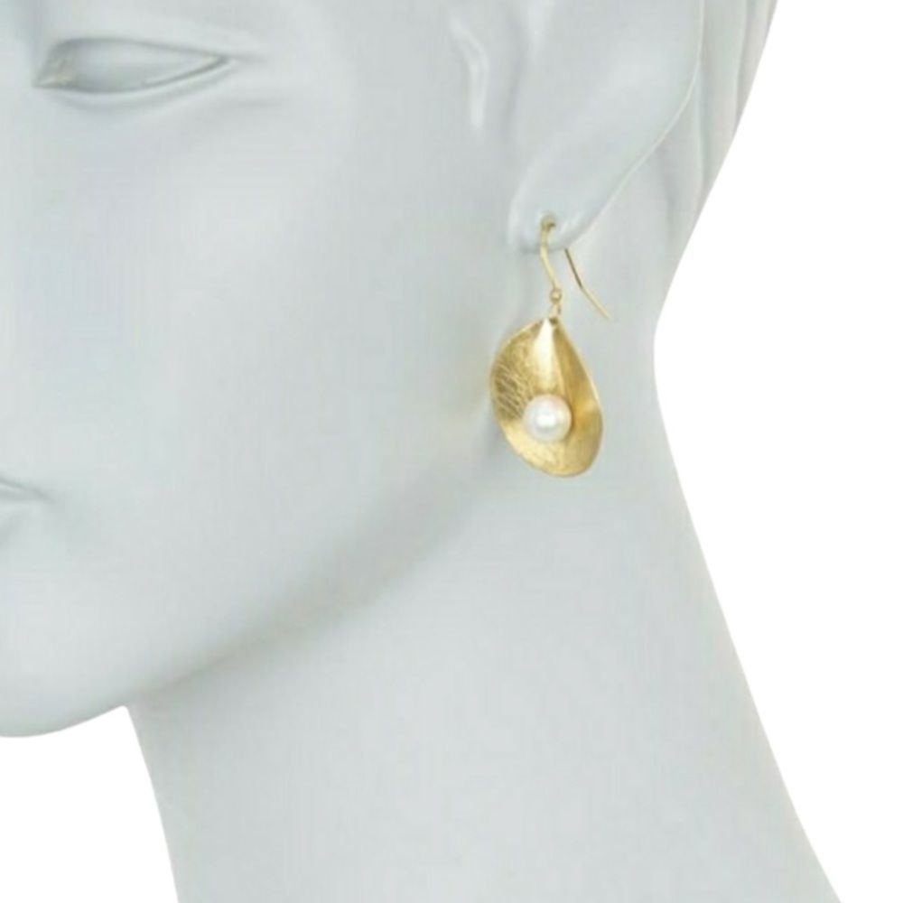 Etched Petal Faux Pearl gold plated wire Earrings